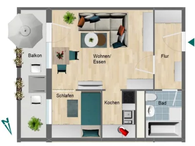 Generationsgerechte 1,5-Raumwohnung mit Aufzug und Balkon - Grundriss (225407)